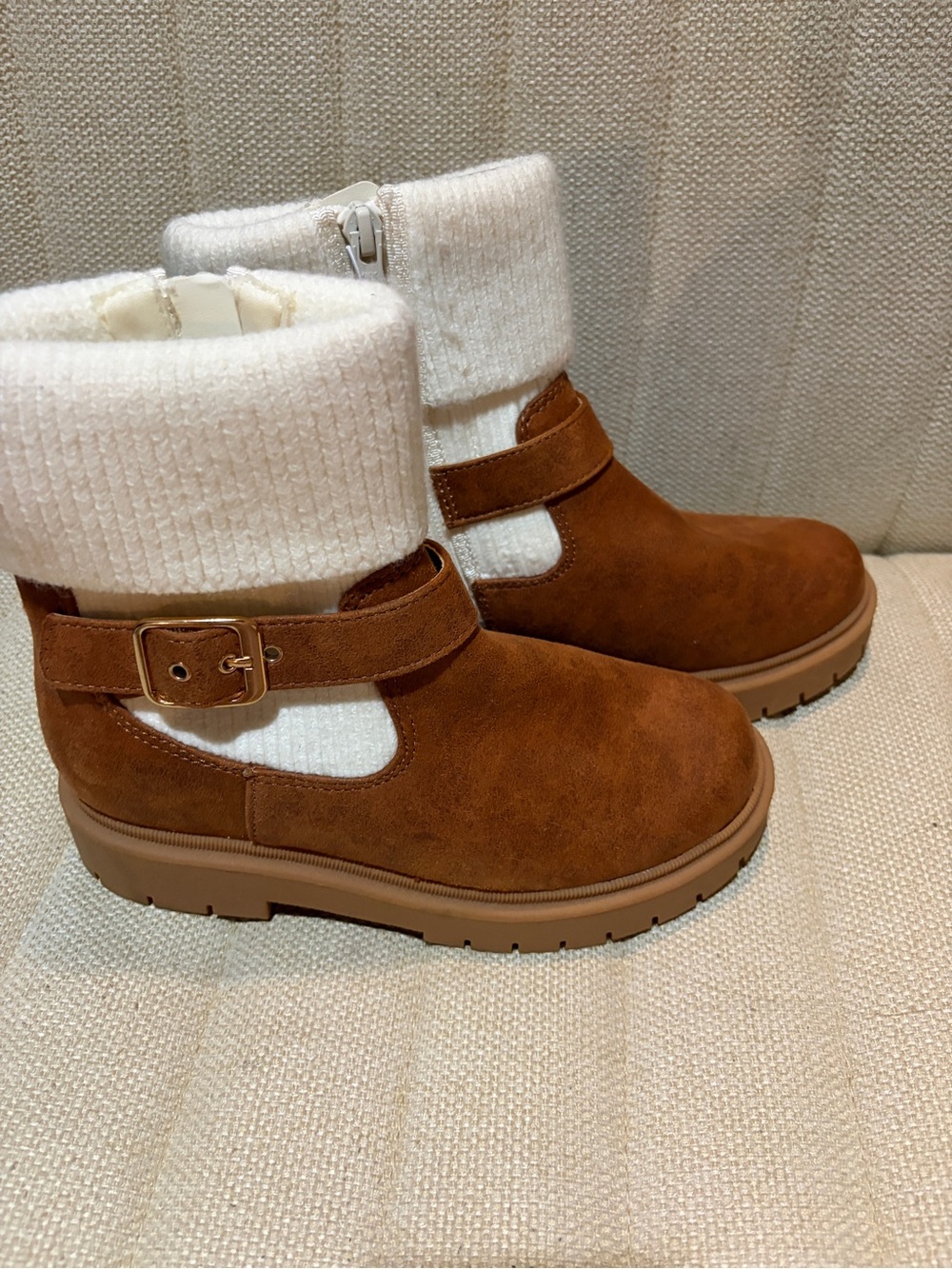 Cat & Jack Brown Suede-Look Kids Ankle Boots with Cream Knit Cuff